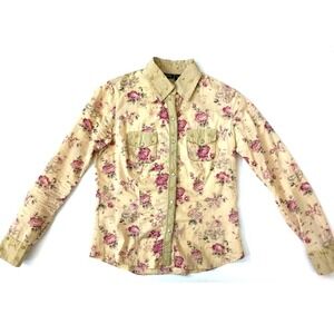 Vanity Floral Print Long Sleeve Western Shirt Cowgirl‎ Yellow Pink Roses Small